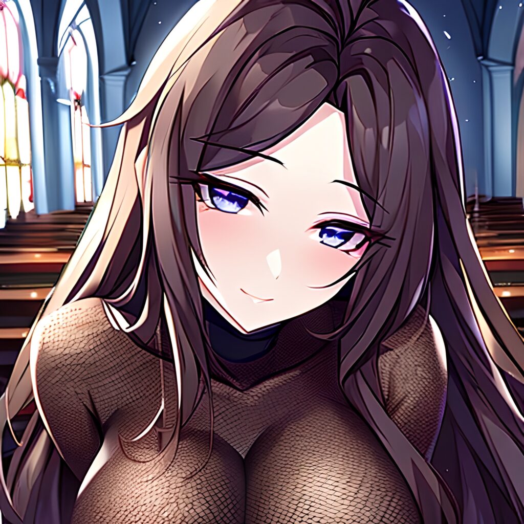 messy hair church brunette long hair woman fishnet 