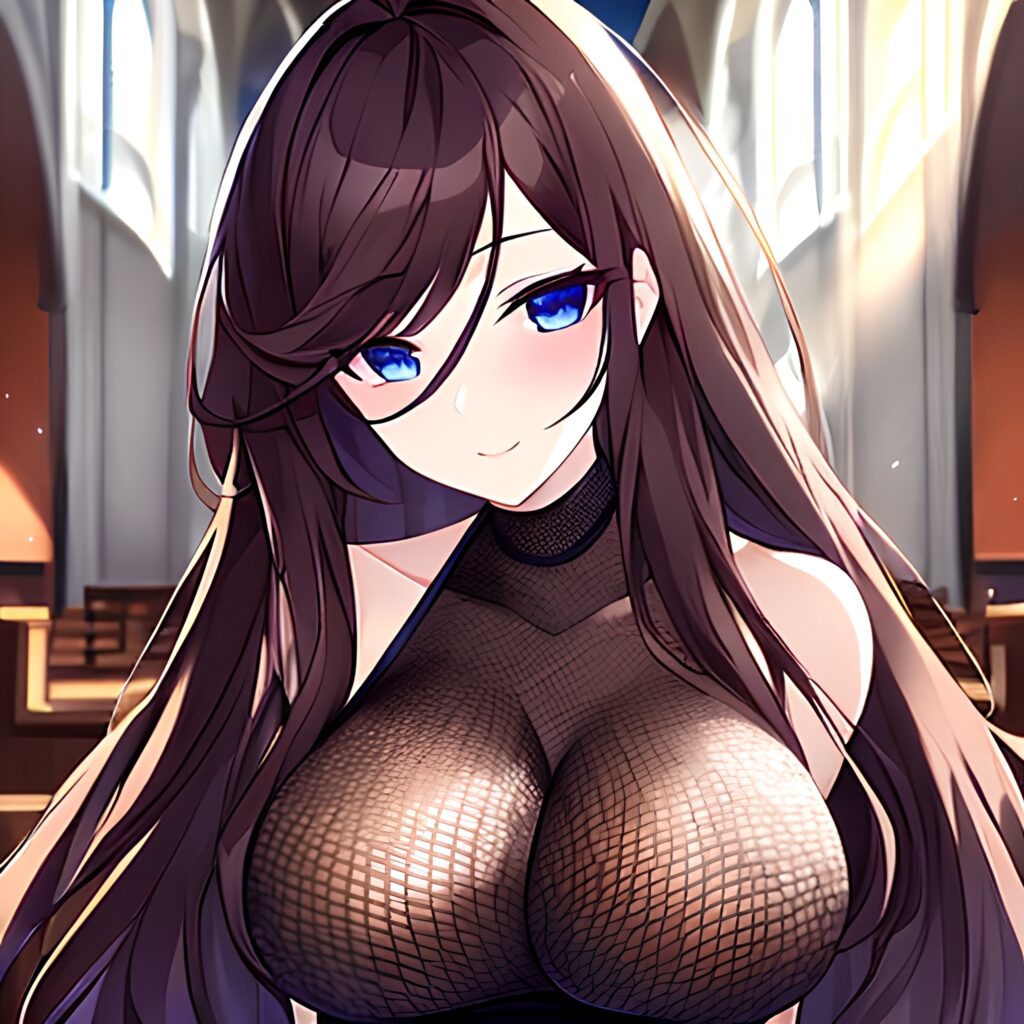 messy hair church brunette long hair woman fishnet 