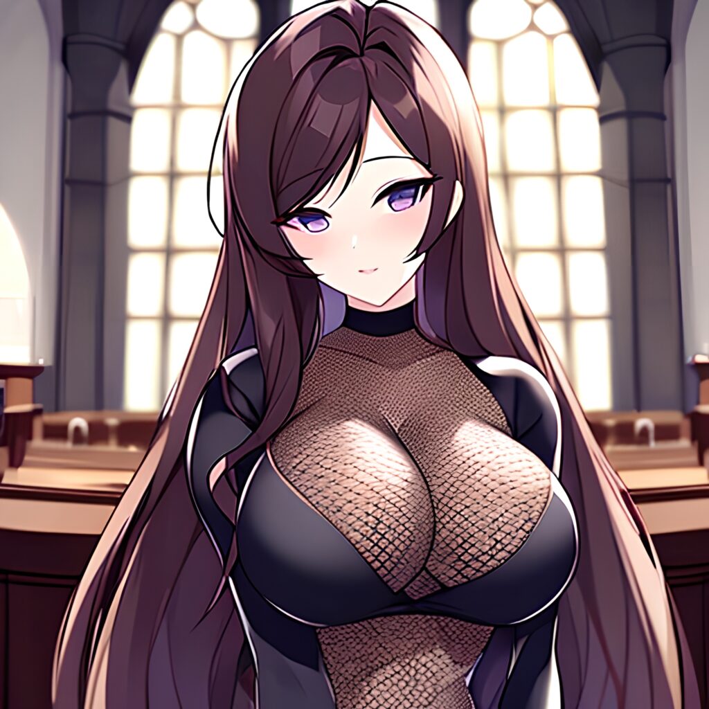 messy hair church brunette long hair woman fishnet 