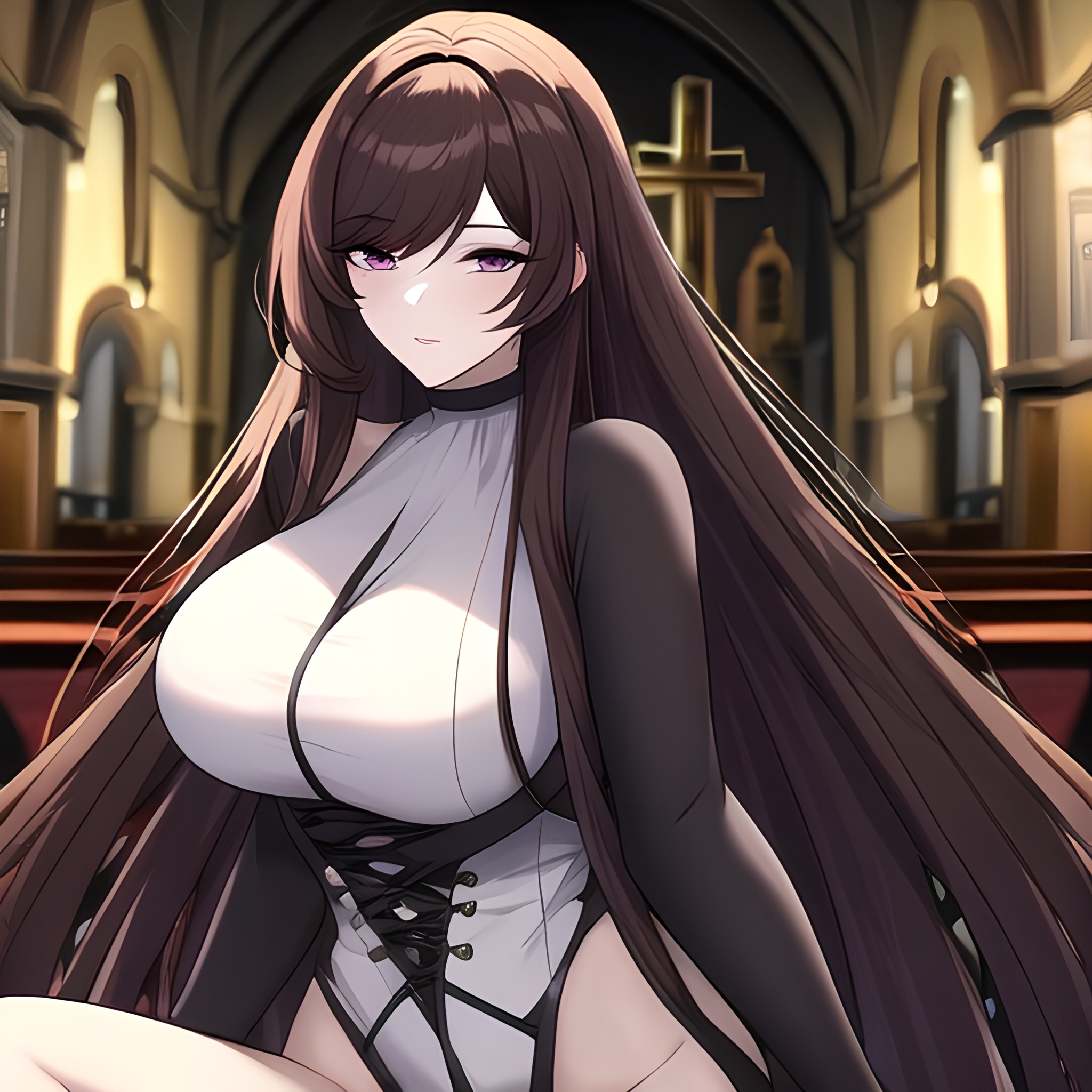 messy hair church brunette woman fishnet long hair 