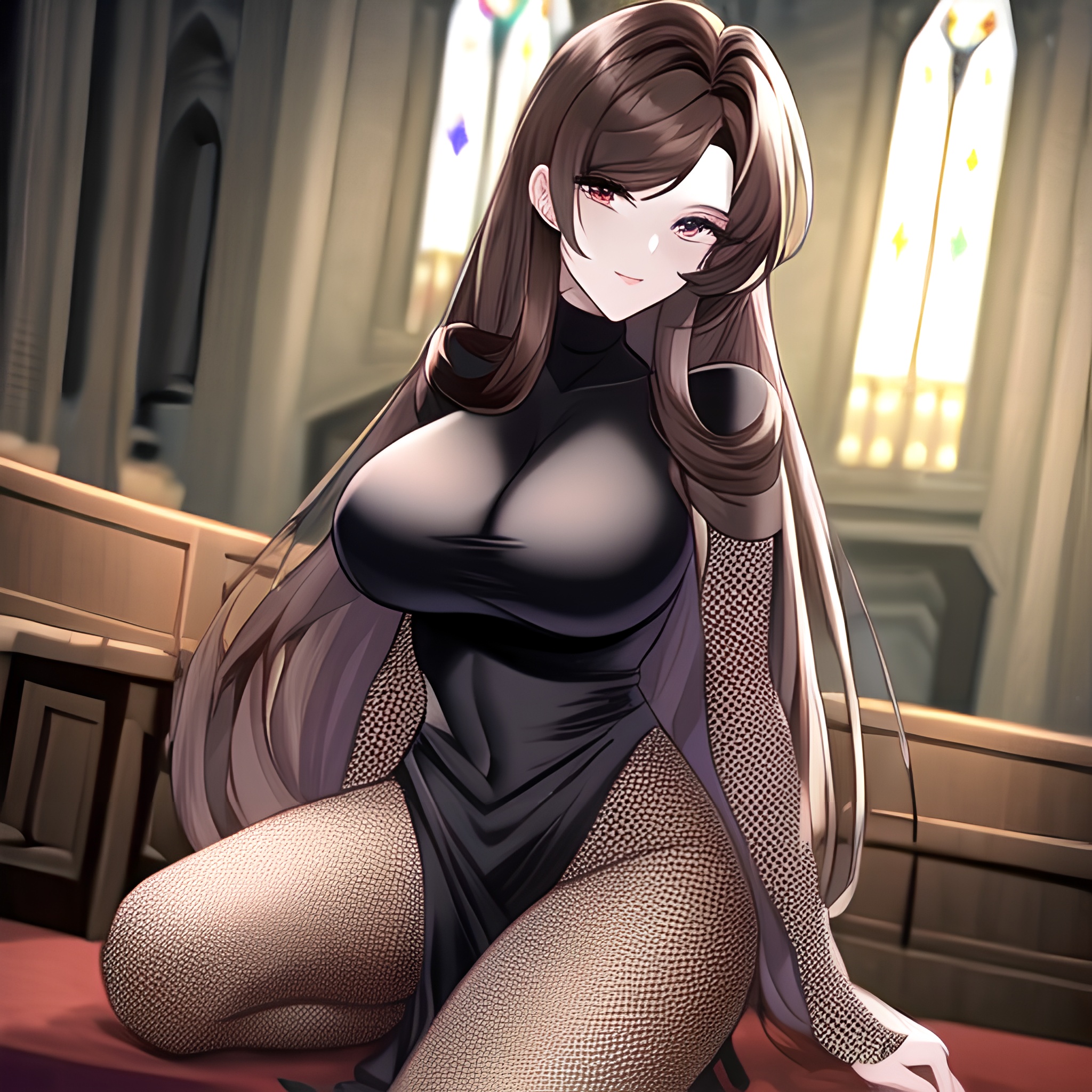 messy hair church brunette woman fishnet long hair 