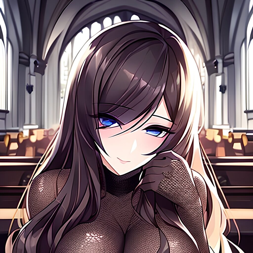 messy hair church brunette woman fishnet long hair 