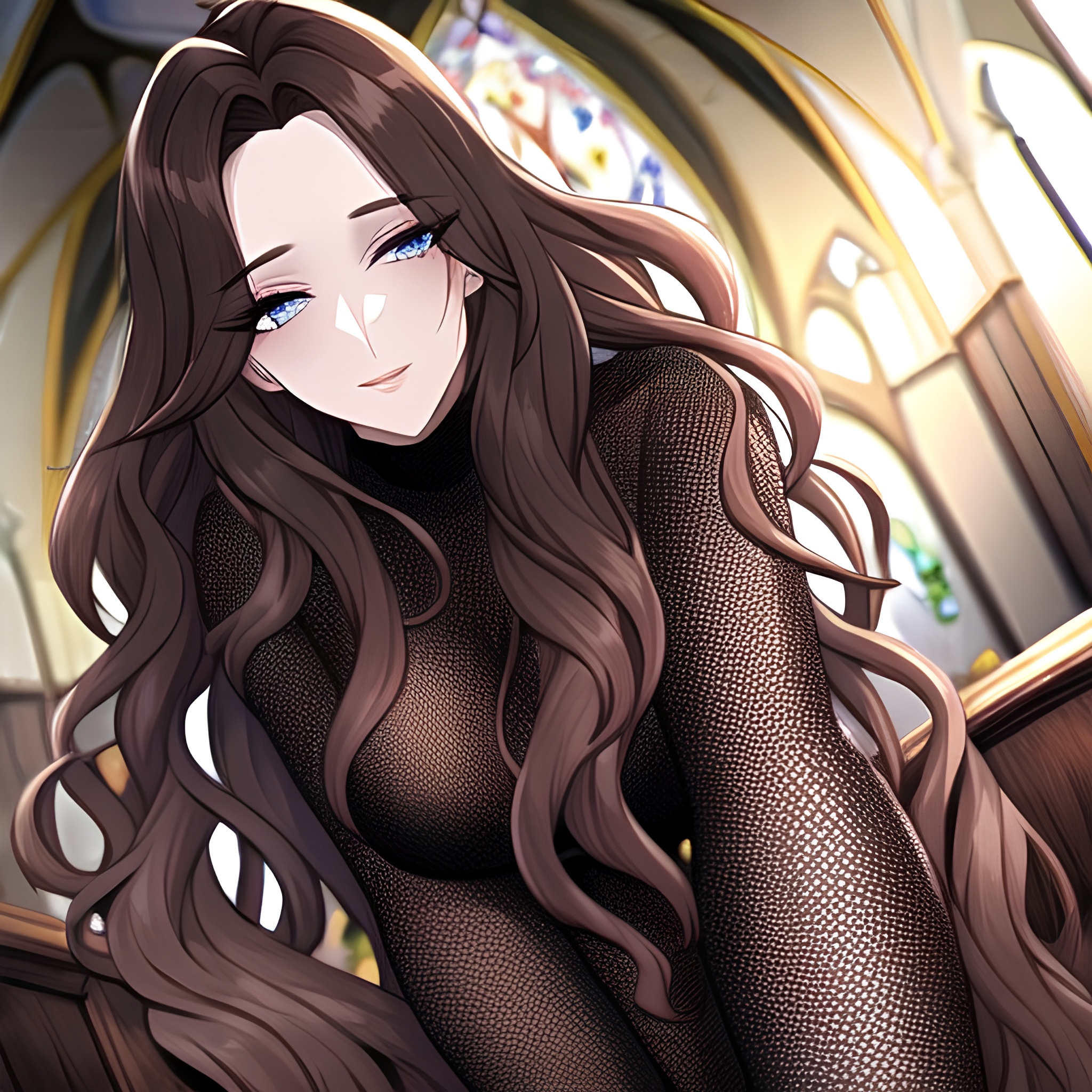 messy hair church brunette woman fishnet long hair 