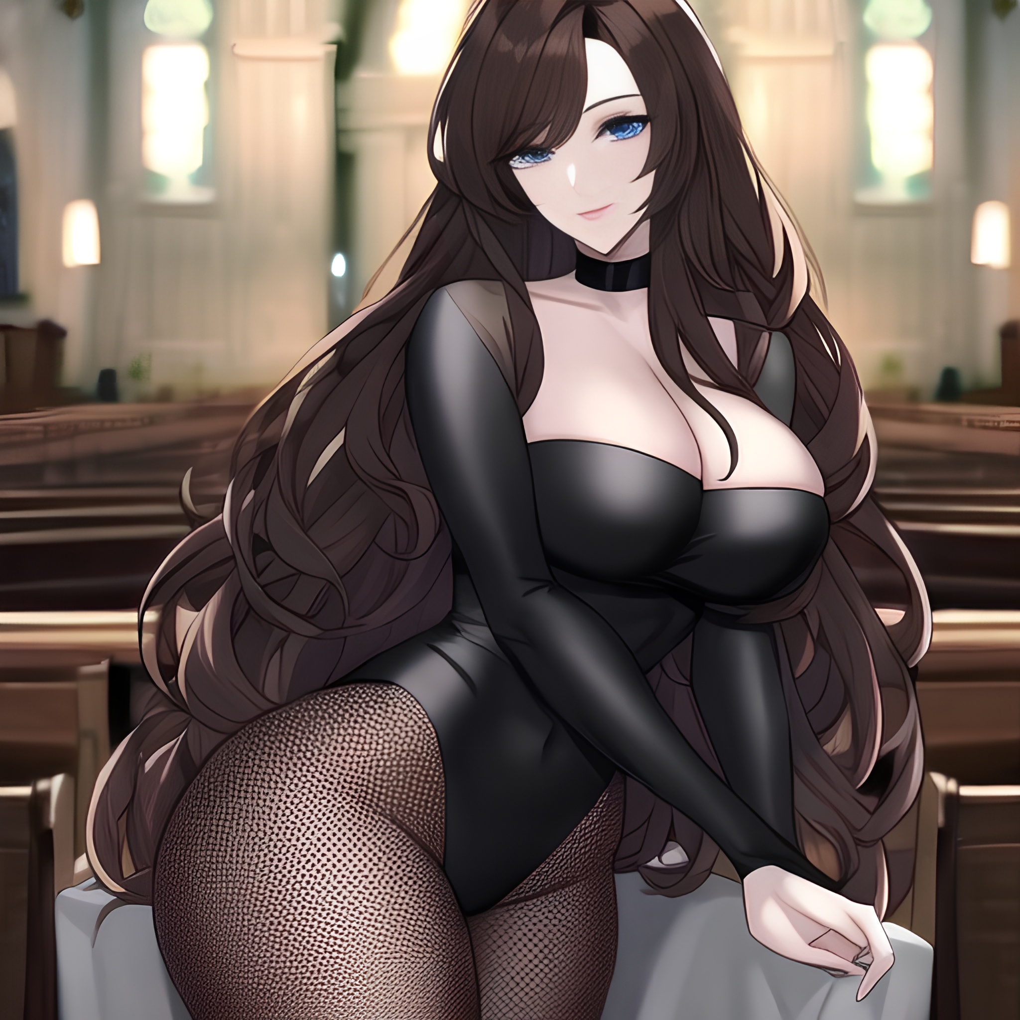 messy hair church brunette woman long hair fishnet 