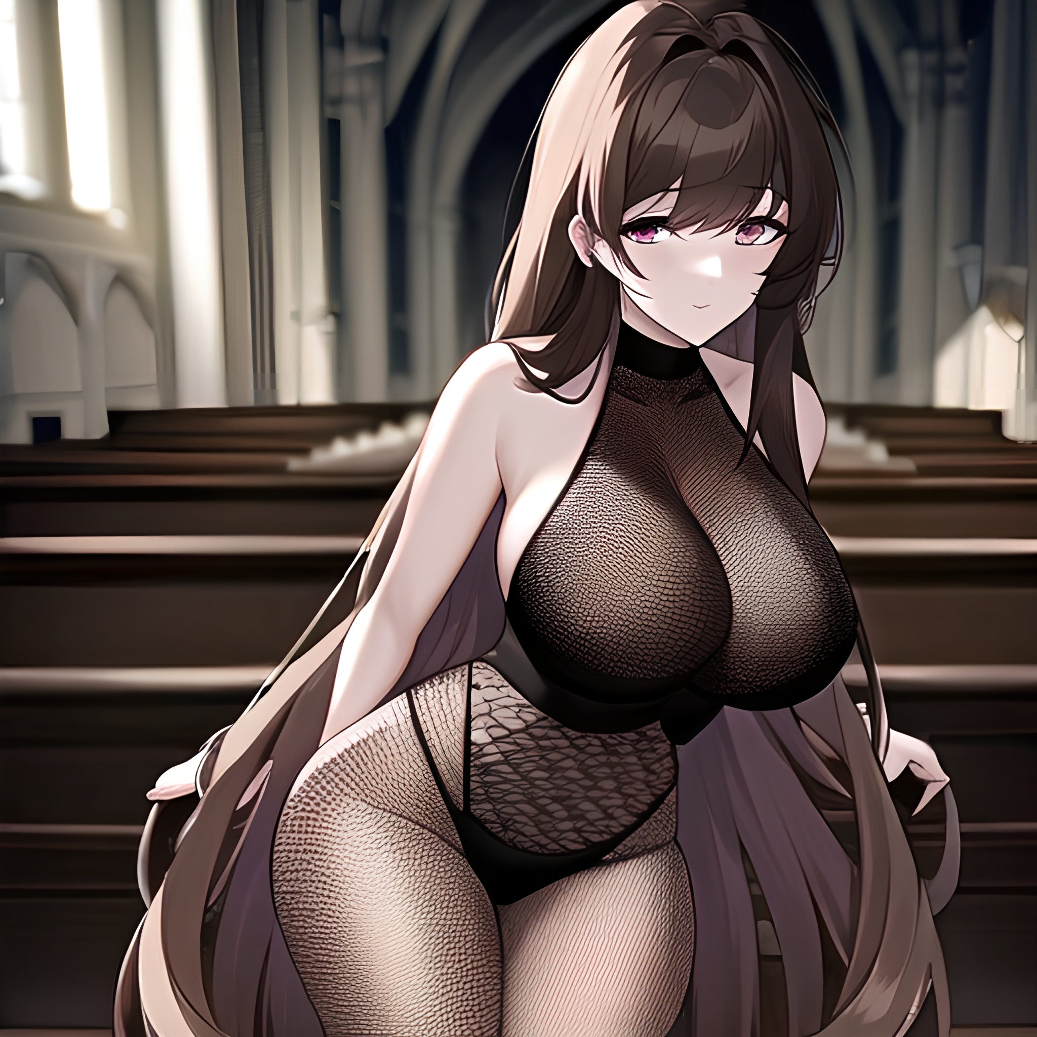 messy hair church fishnet brunette long hair woman 