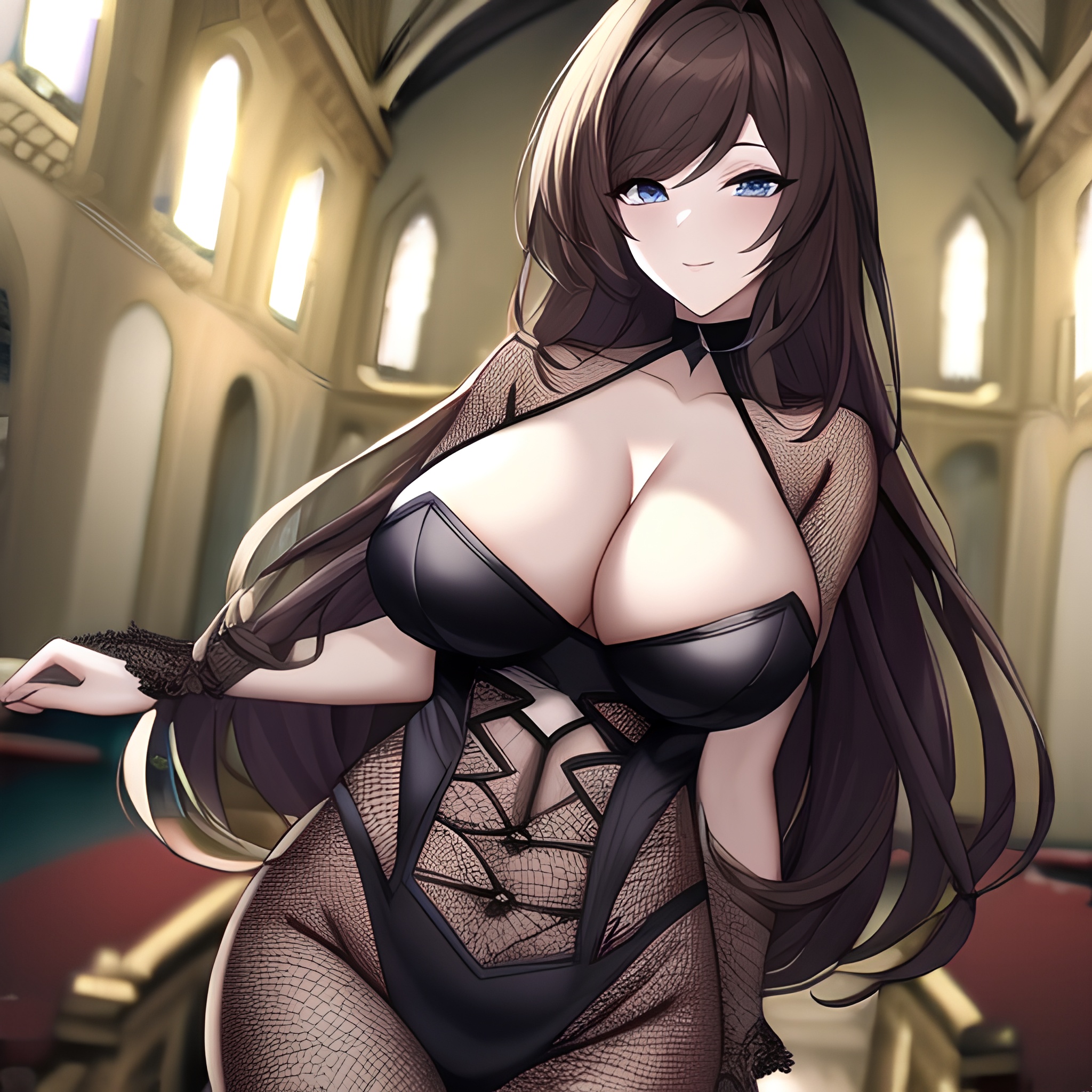 messy hair church fishnet brunette woman long hair 