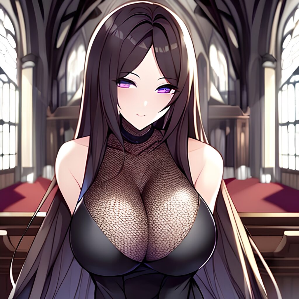 messy hair church fishnet long hair brunette woman 