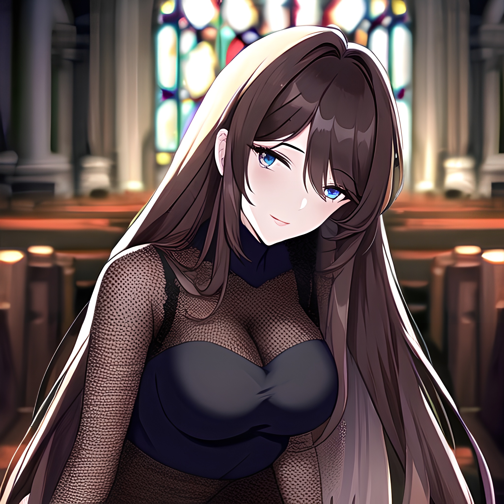 messy hair church fishnet long hair brunette woman
