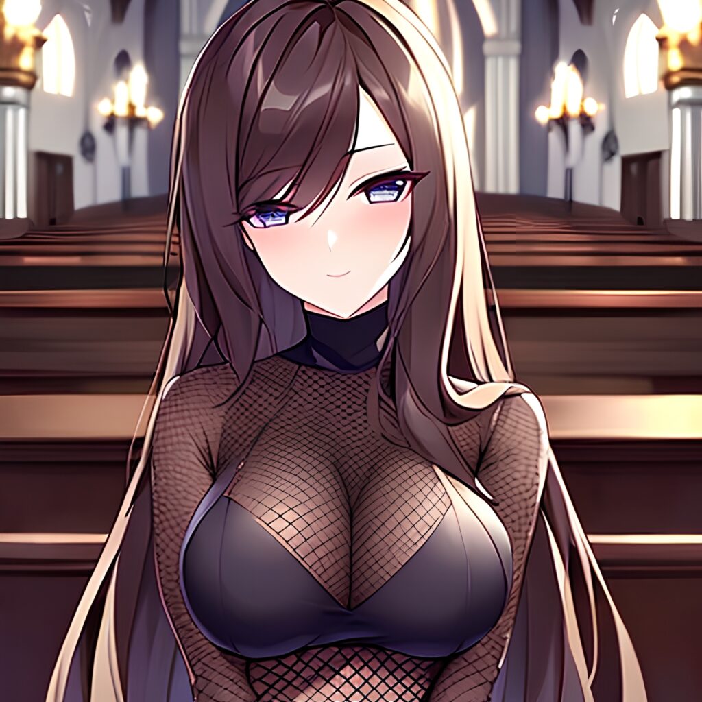 messy hair church fishnet long hair brunette woman 