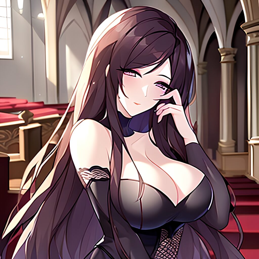 messy hair church fishnet long hair brunette woman 