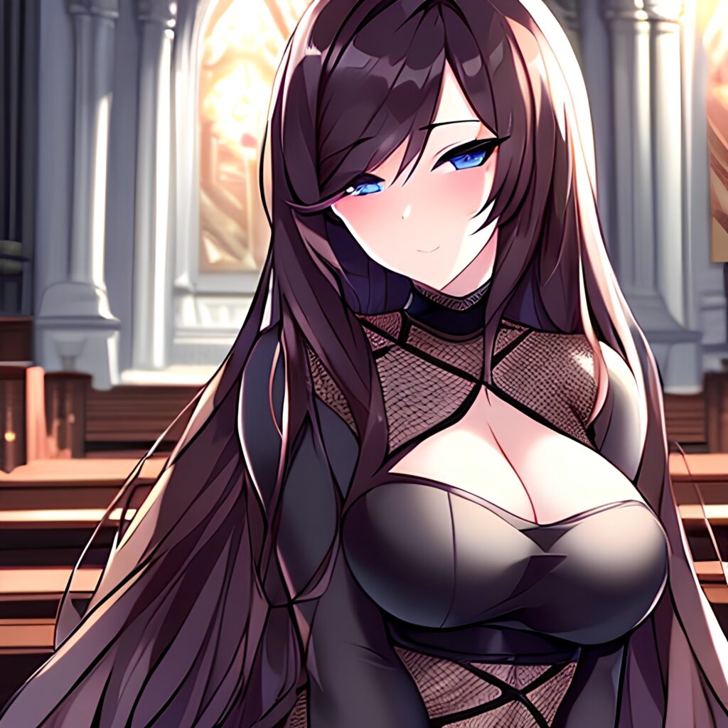 messy hair church fishnet long hair brunette woman 