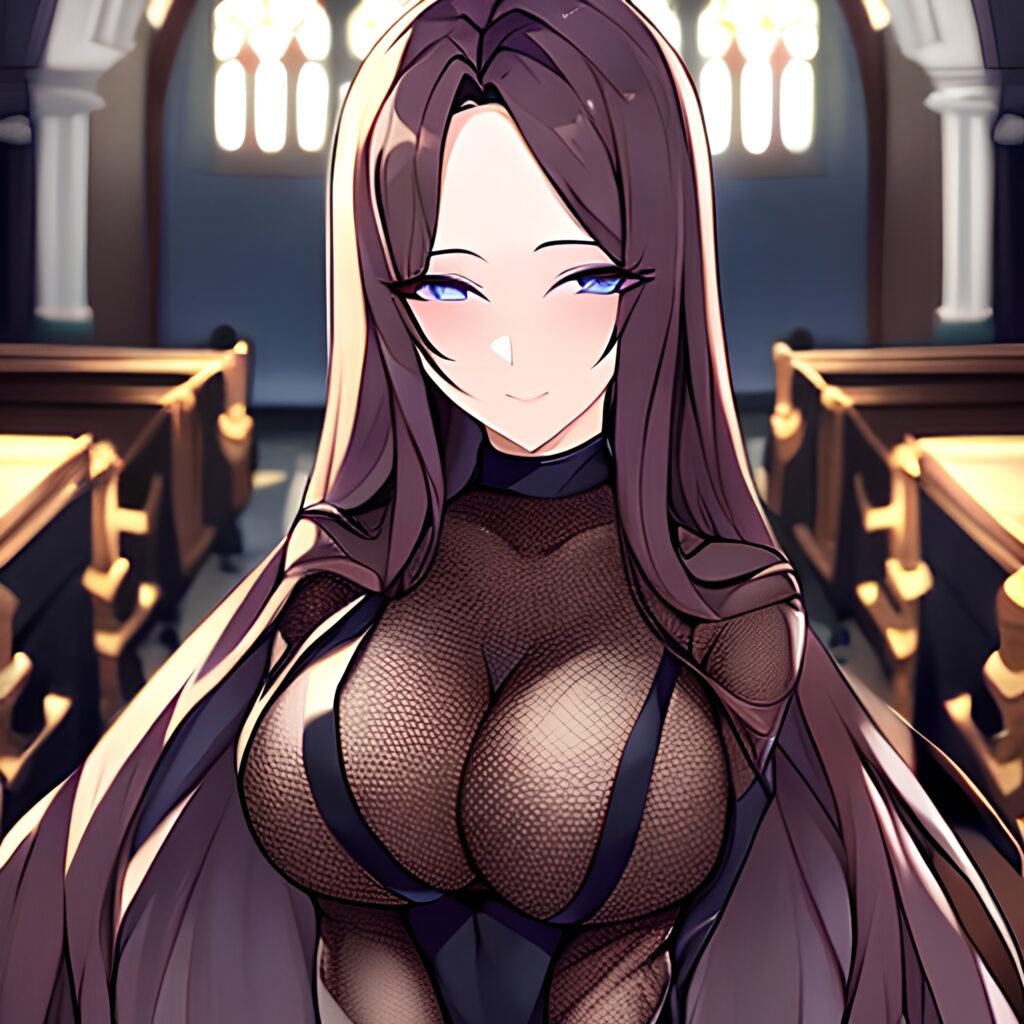 messy hair church fishnet long hair brunette woman 