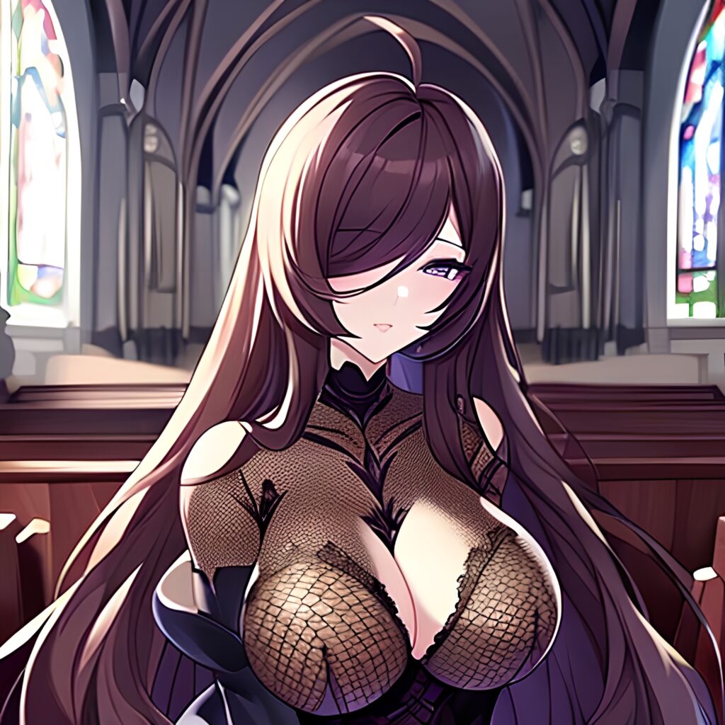 messy hair church fishnet long hair brunette woman 