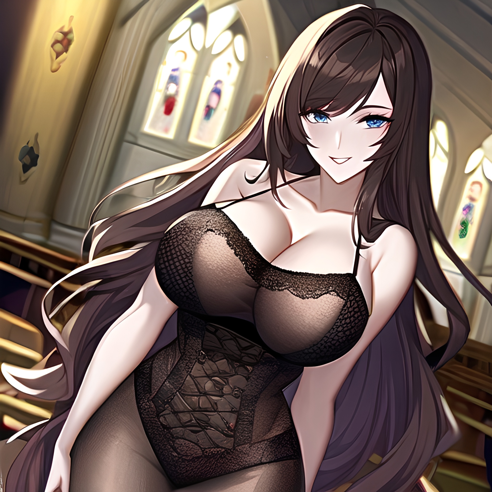 messy hair church fishnet long hair woman brunette 