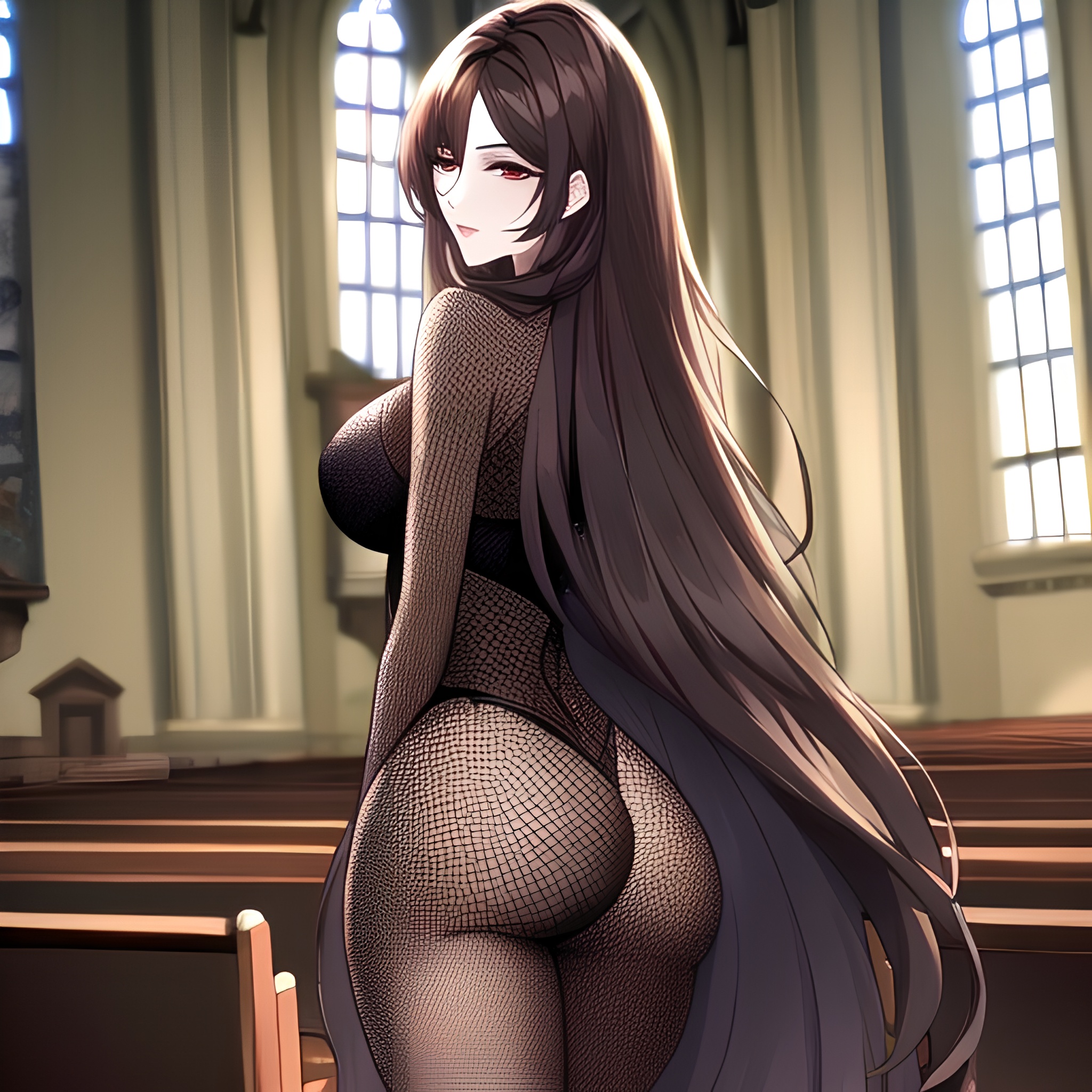 messy hair church fishnet long hair woman brunette 