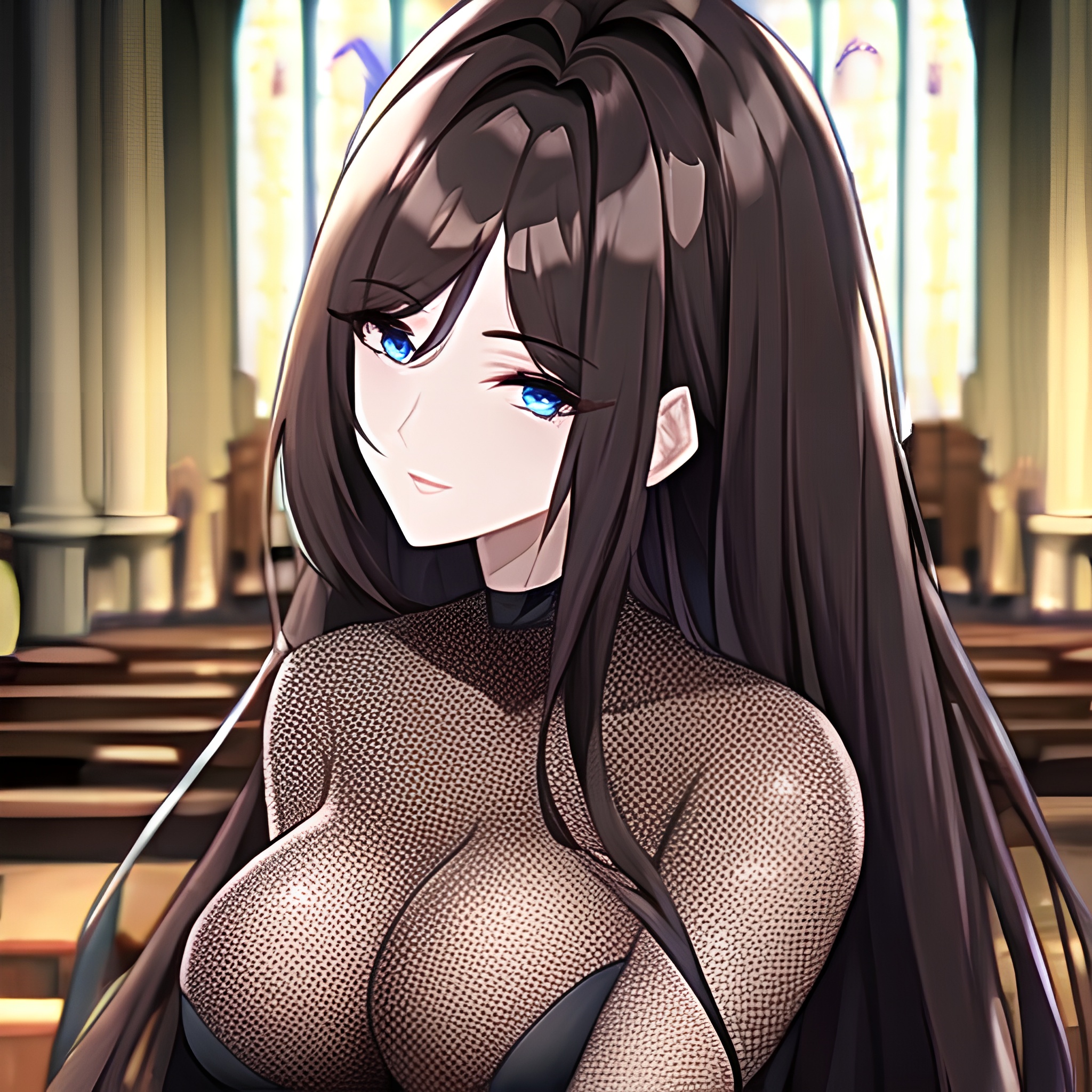 messy hair church fishnet woman brunette long hair 