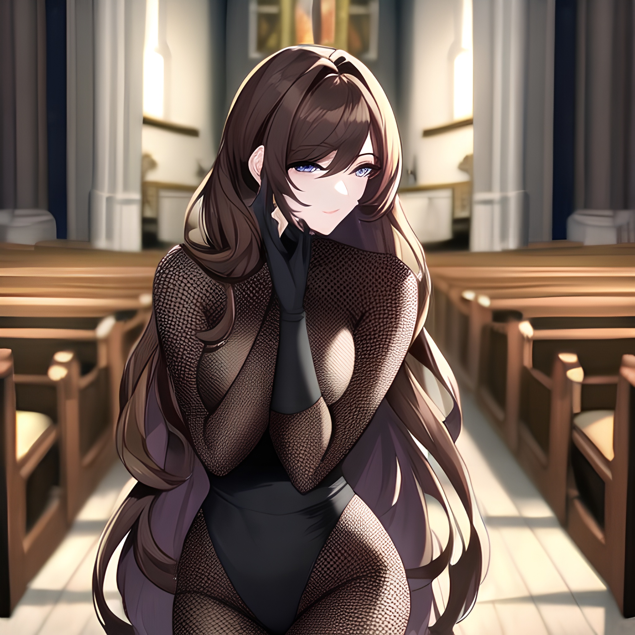 messy hair church fishnet woman long hair brunette 