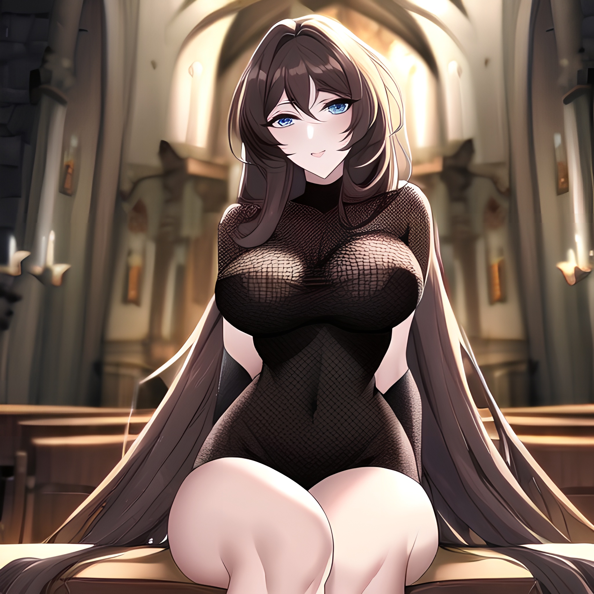 messy hair church long hair brunette fishnet woman 