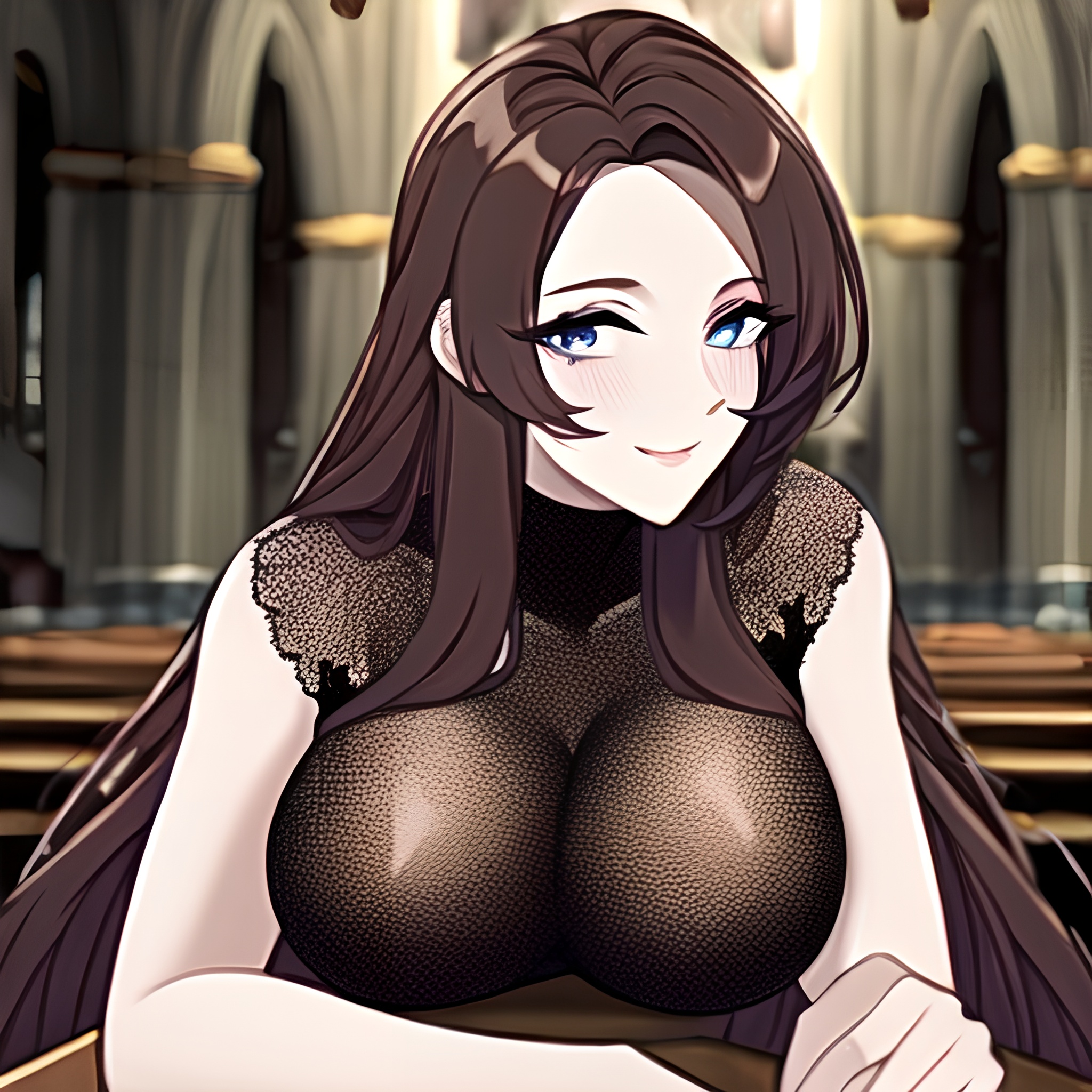 messy hair church long hair brunette fishnet woman 