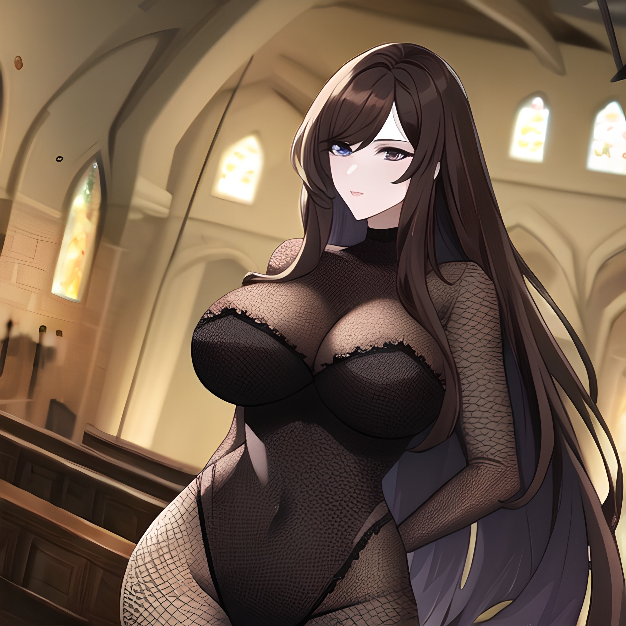 messy hair church long hair brunette woman fishnet 