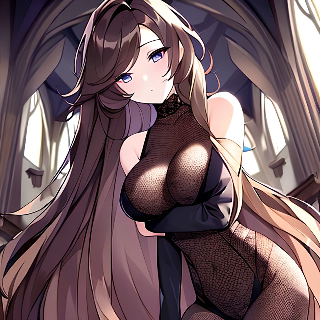 messy hair church long hair brunette woman fishnet 