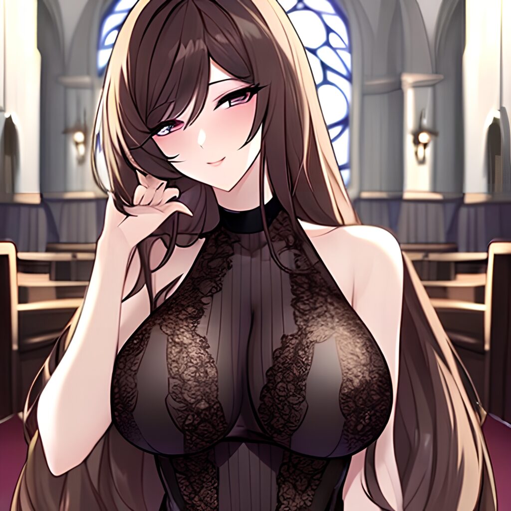 messy hair church long hair brunette woman fishnet 