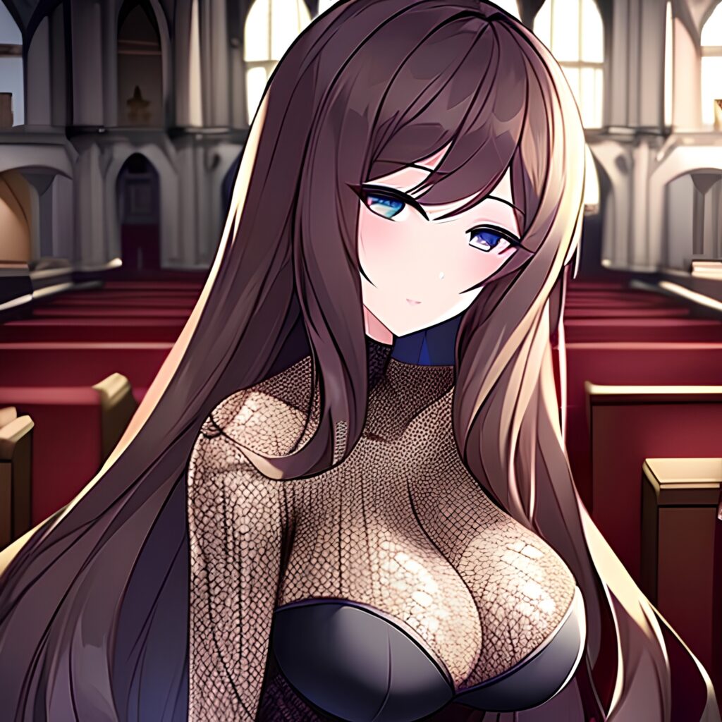 messy hair church long hair brunette woman fishnet 