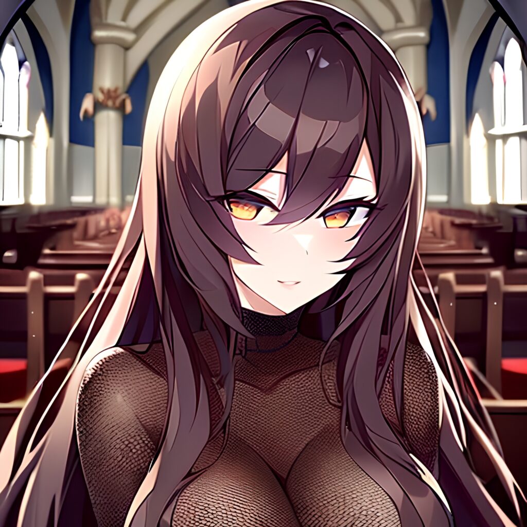 messy hair church long hair fishnet brunette woman 