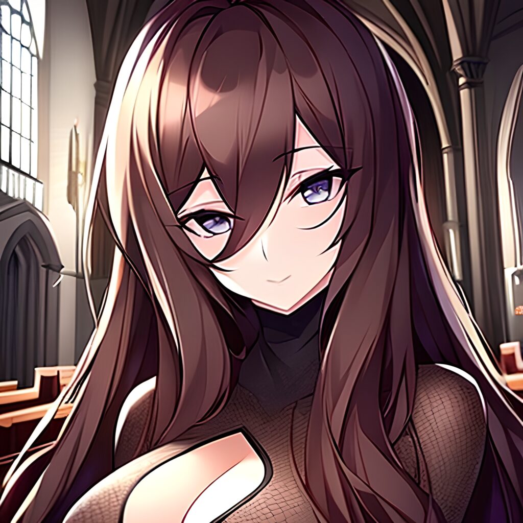 messy hair church long hair fishnet brunette woman 