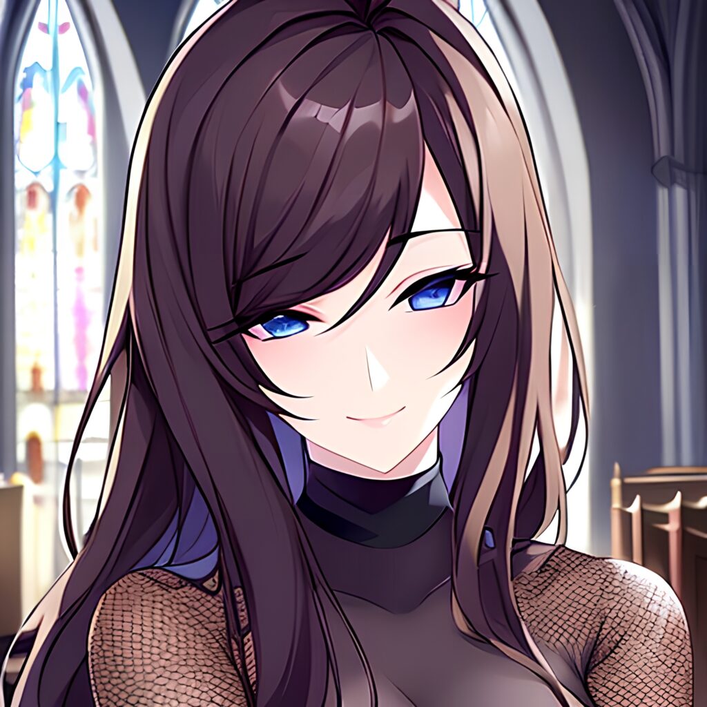 messy hair church long hair fishnet brunette woman 