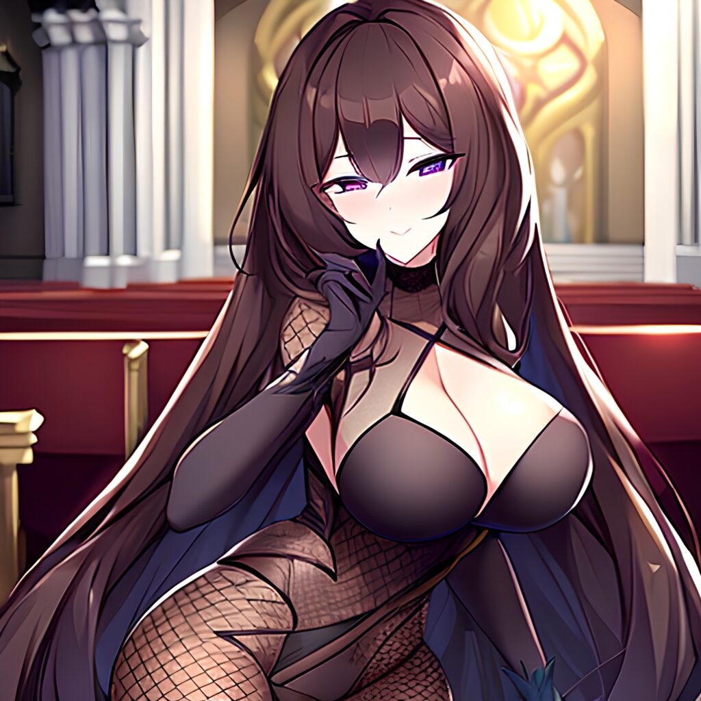 messy hair church long hair fishnet brunette woman 