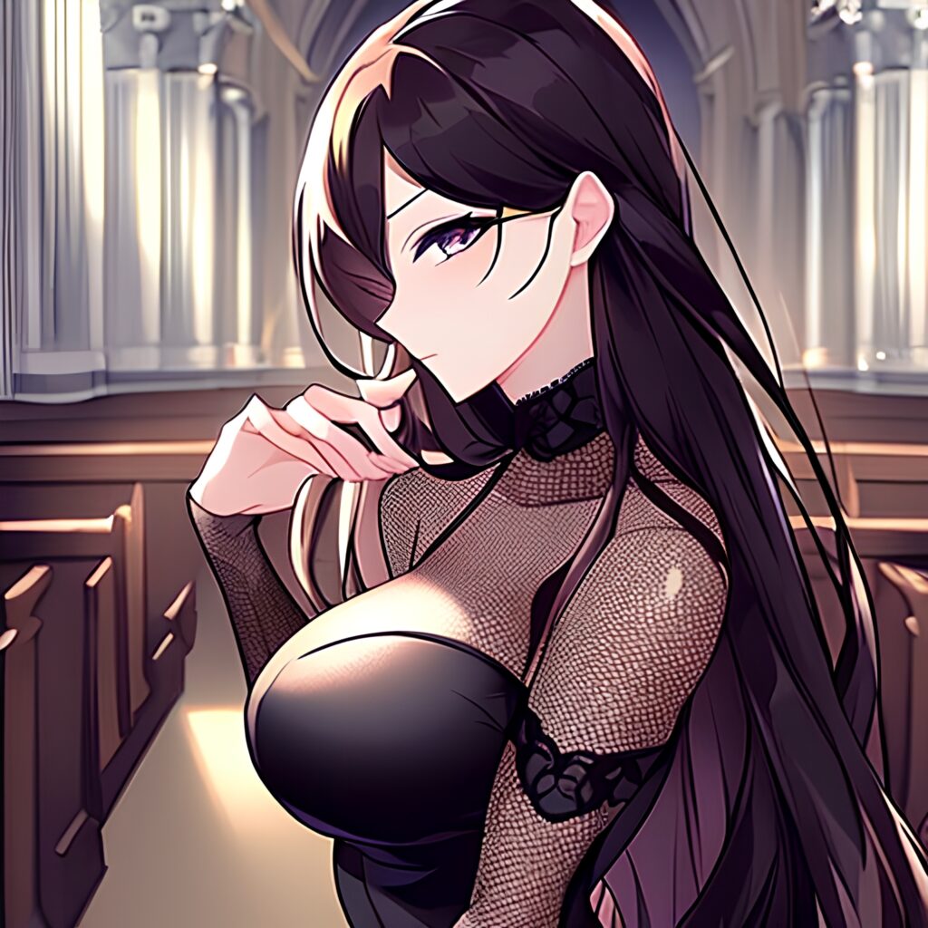 messy hair church long hair fishnet brunette woman 