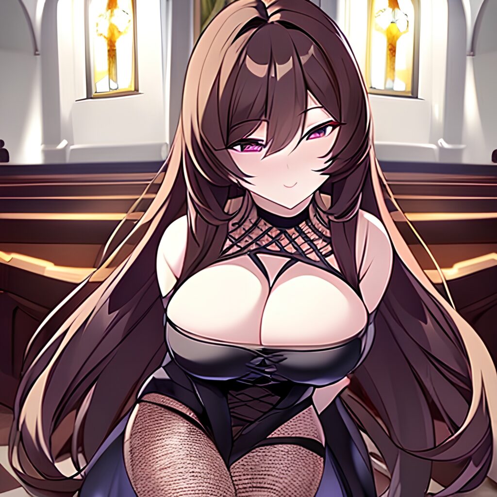 messy hair church long hair fishnet brunette woman