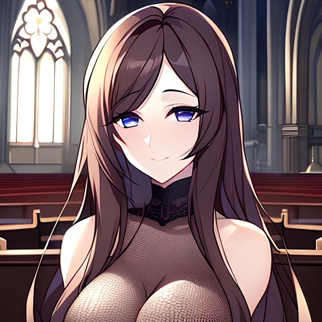 messy hair church long hair fishnet brunette woman