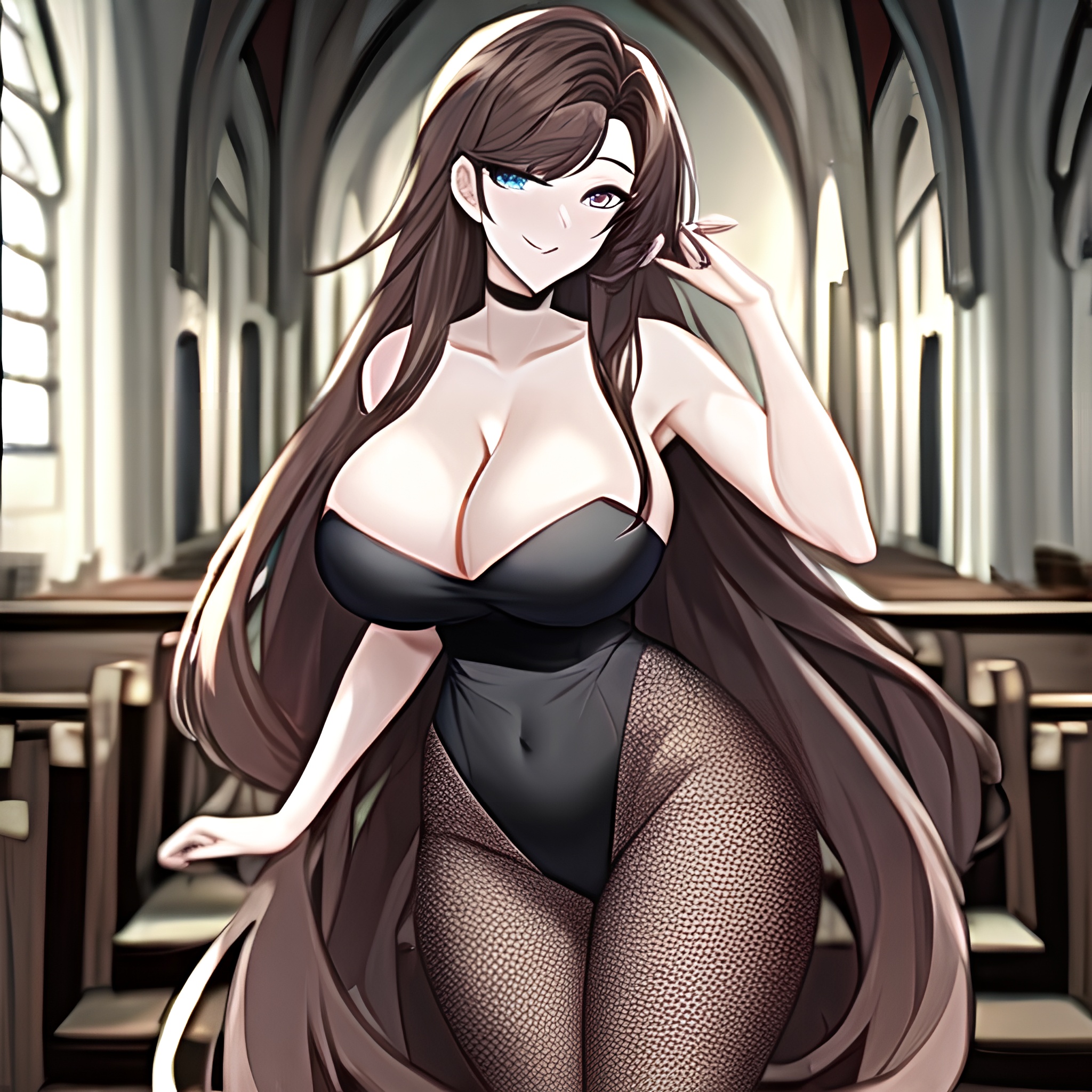 messy hair church long hair fishnet brunette woman 