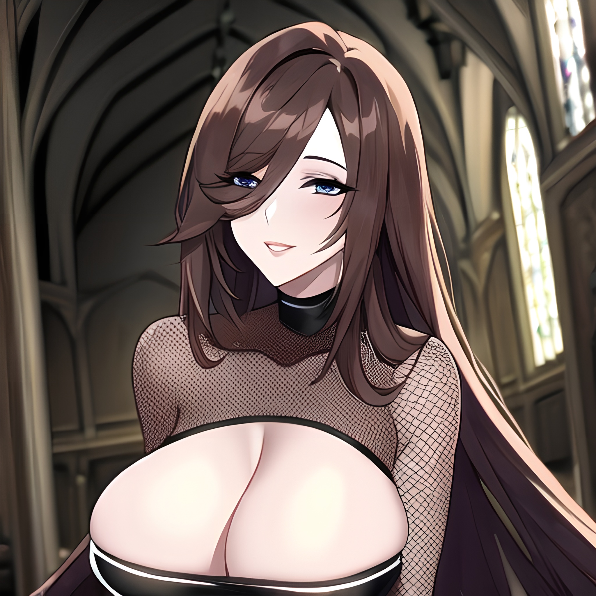 messy hair church long hair fishnet woman brunette 