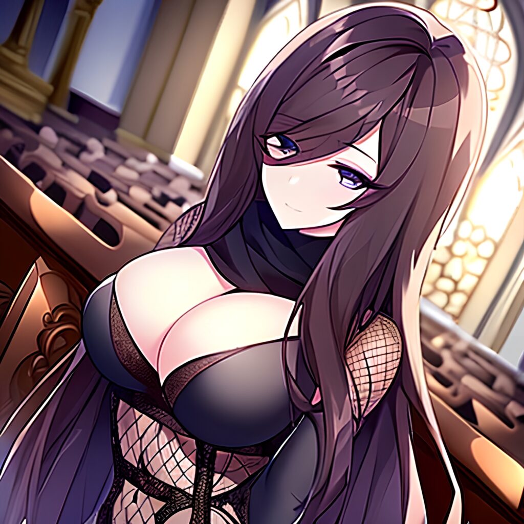 messy hair church long hair woman brunette fishnet