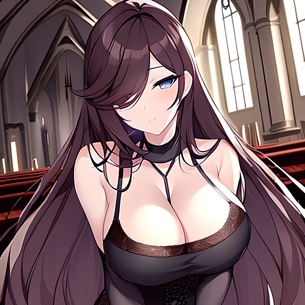 messy hair church long hair woman brunette fishnet 