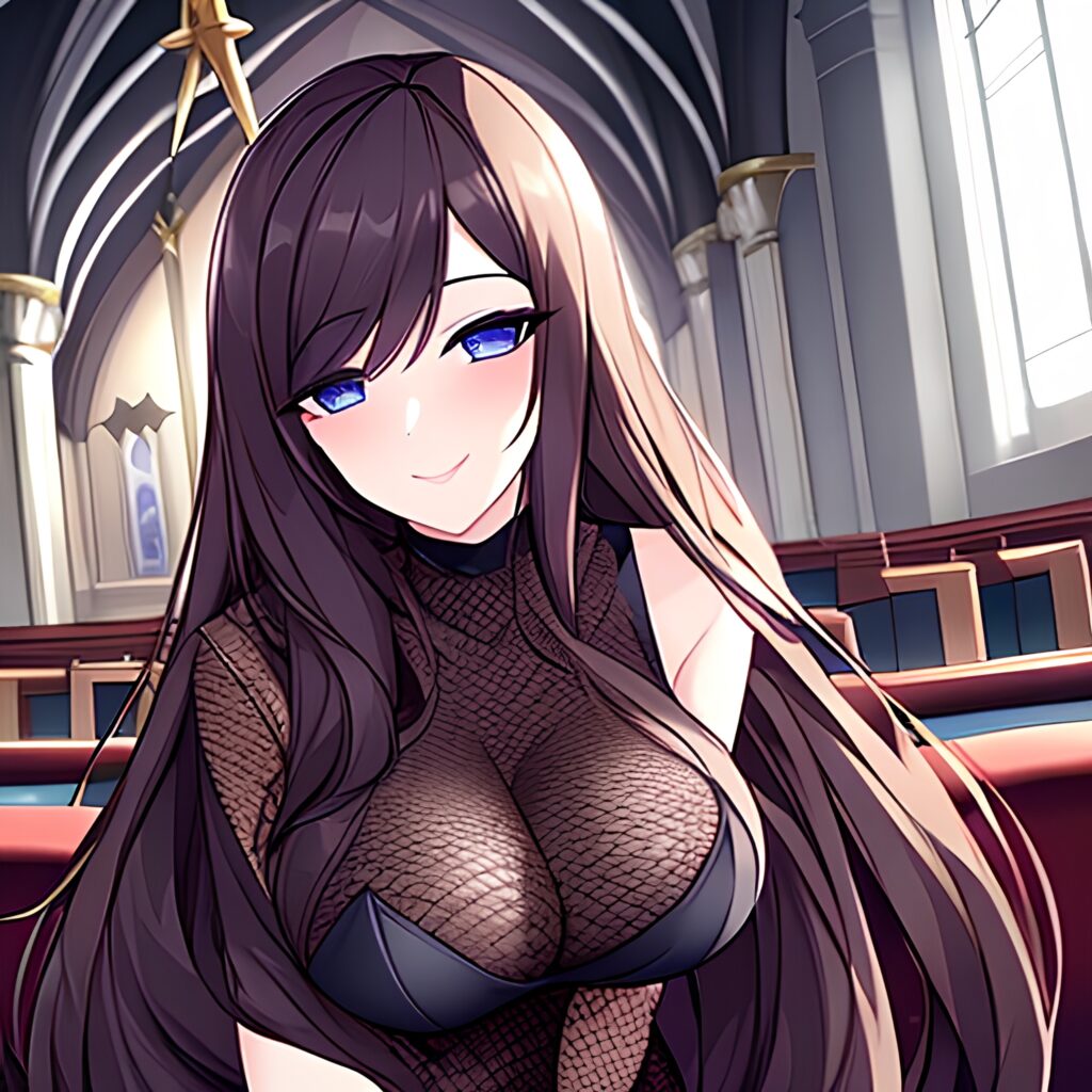 messy hair church long hair woman brunette fishnet 