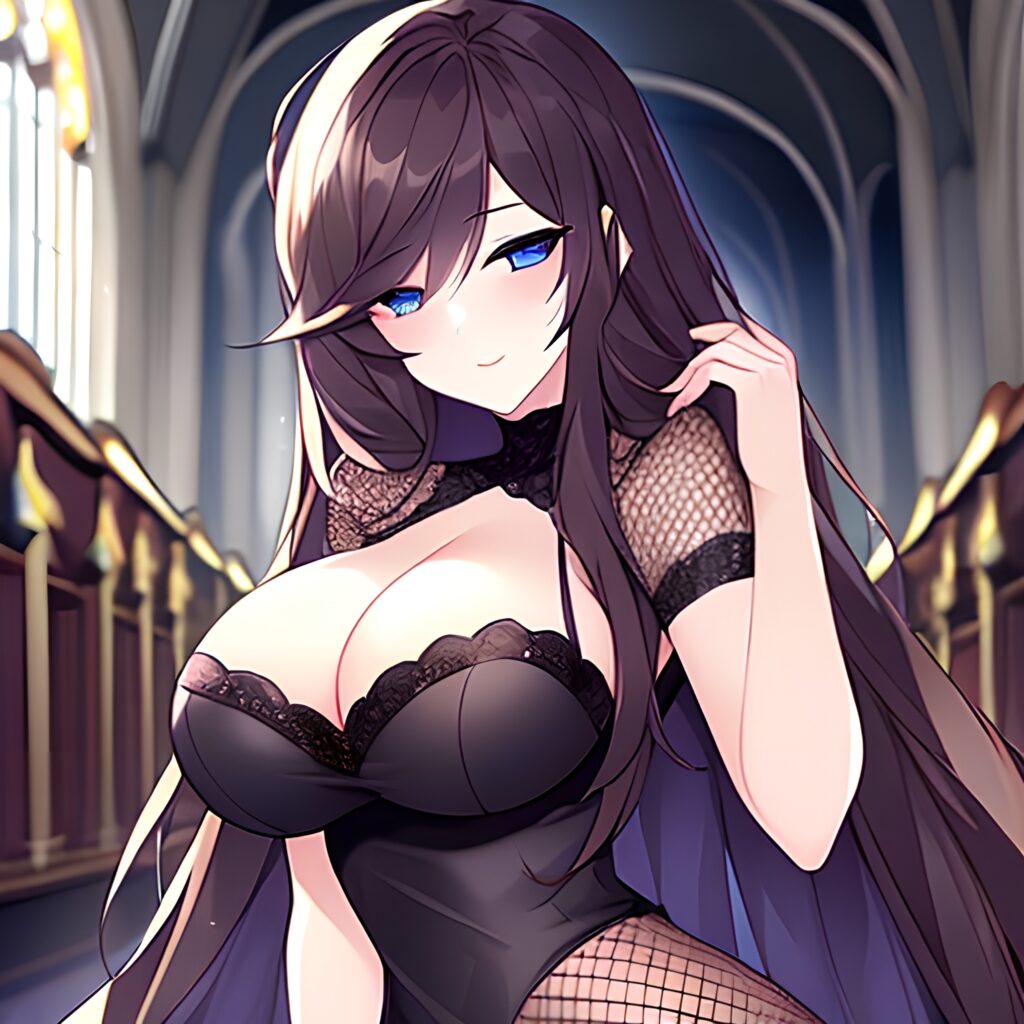 messy hair church long hair woman fishnet brunette