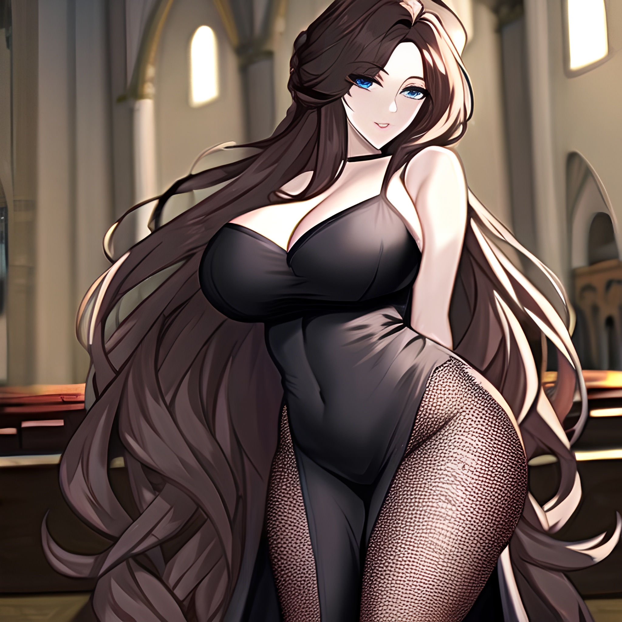 messy hair church woman brunette fishnet long hair 