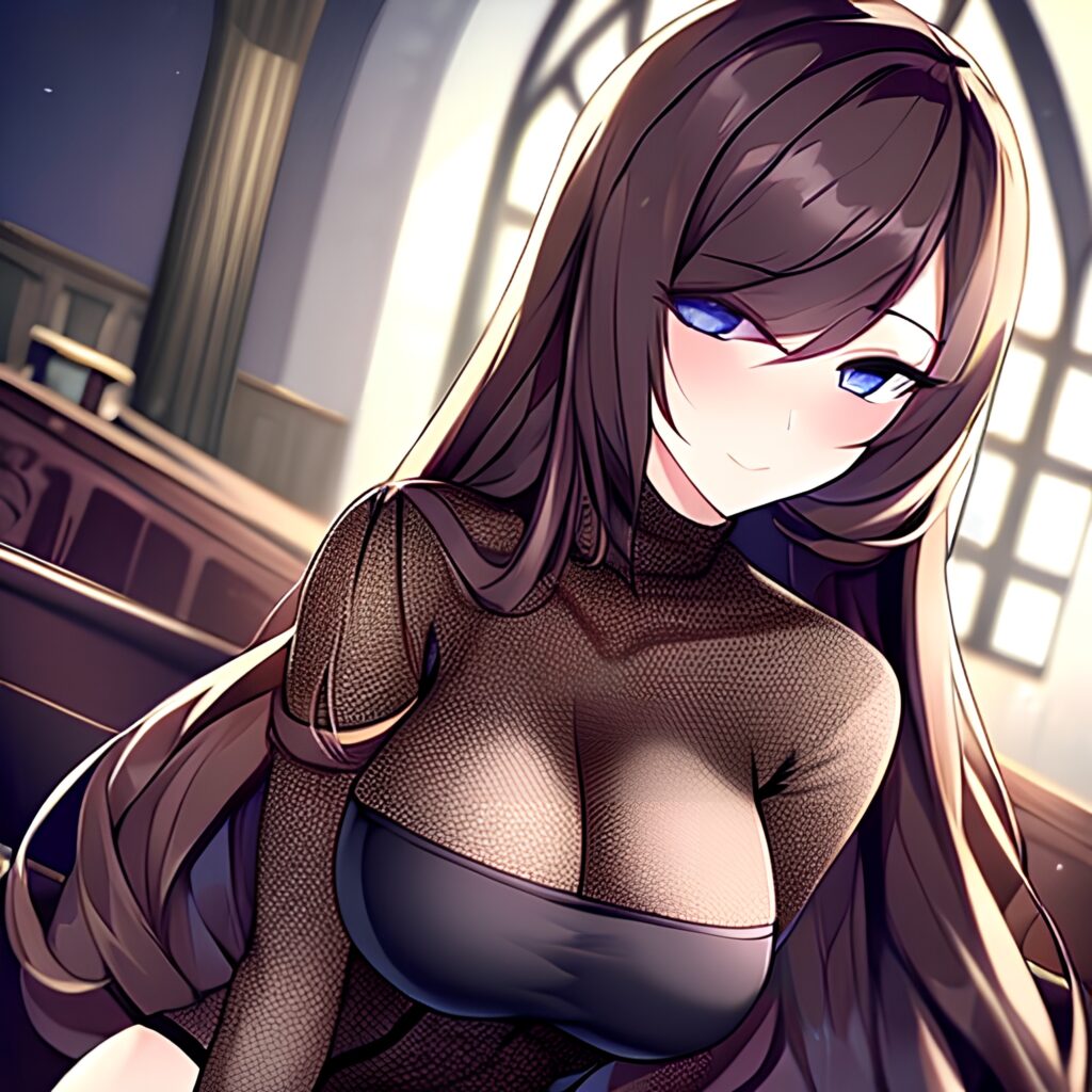 messy hair church woman brunette fishnet long hair 