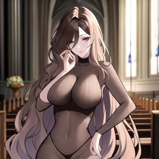 messy hair church woman brunette fishnet long hair