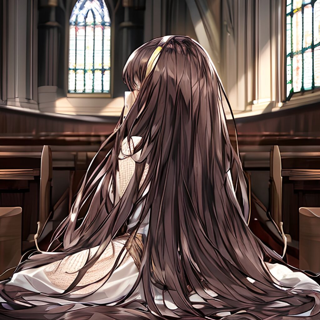 messy hair church woman brunette fishnet long hair 