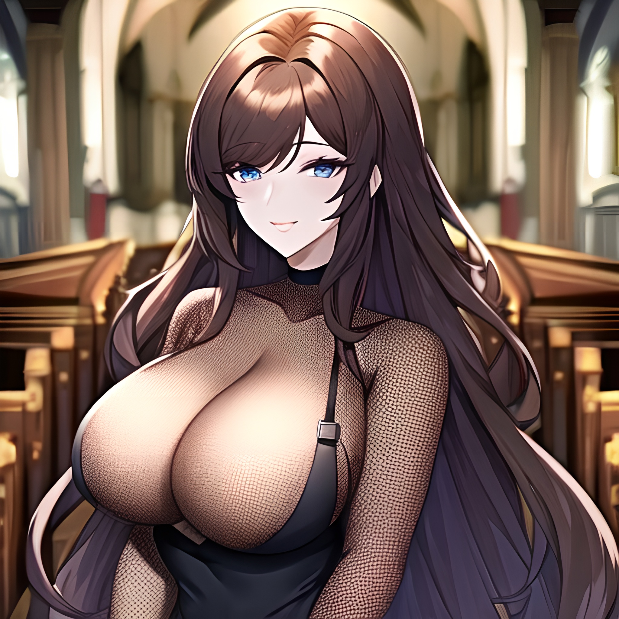 messy hair church woman brunette long hair fishnet