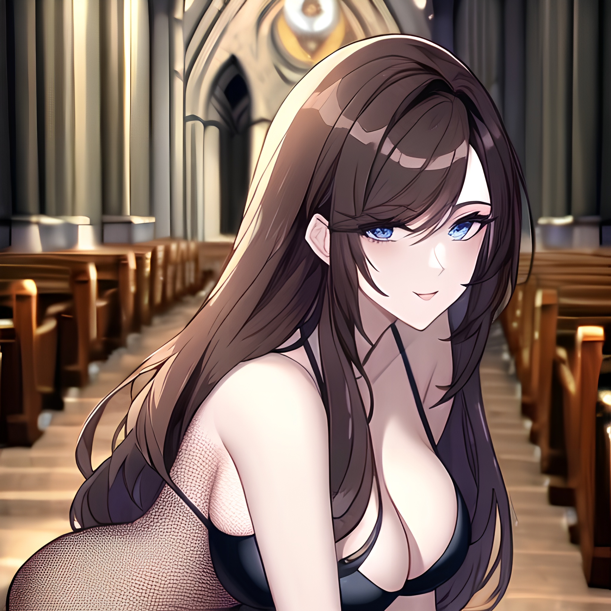 messy hair church woman brunette long hair fishnet 
