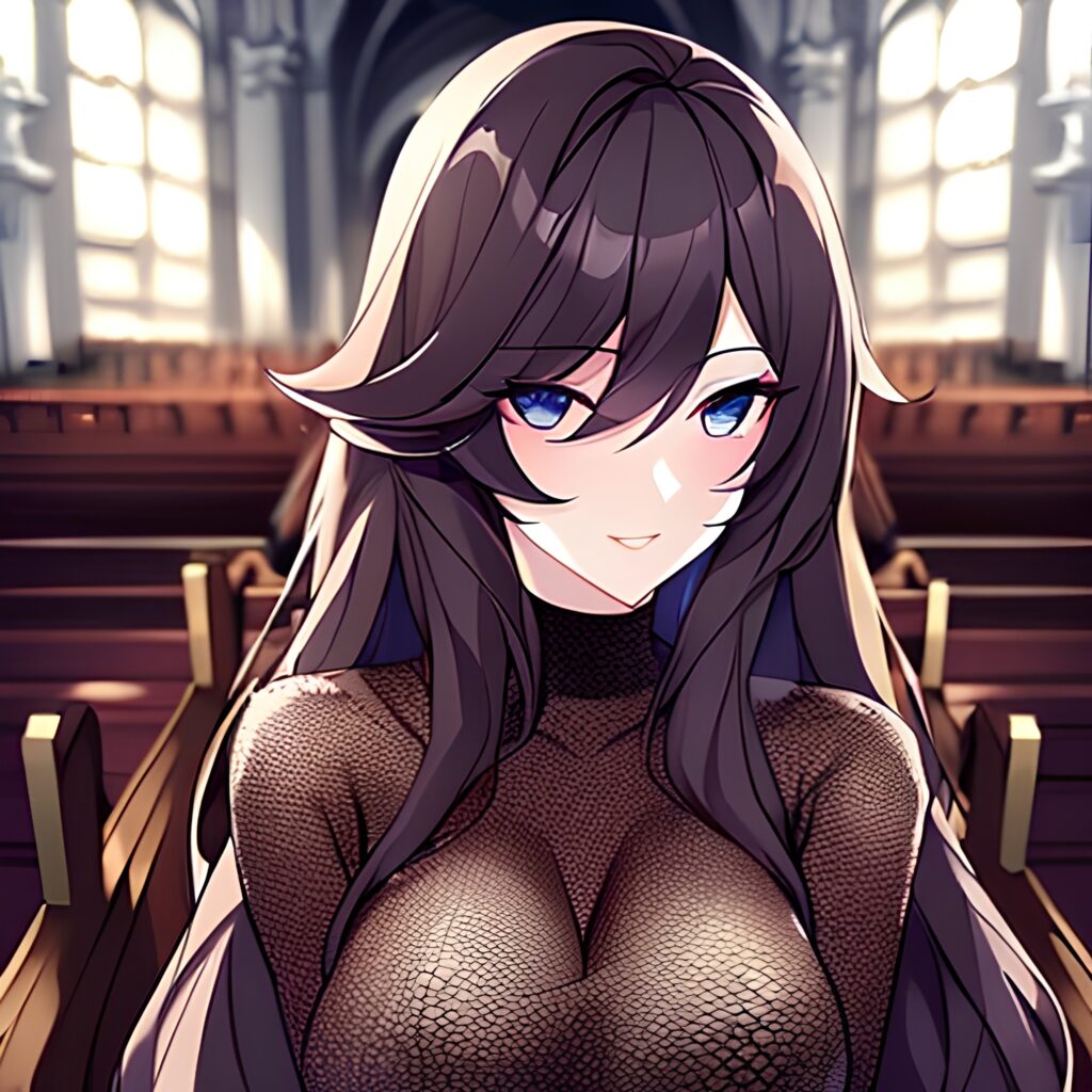 messy hair church woman brunette long hair fishnet 