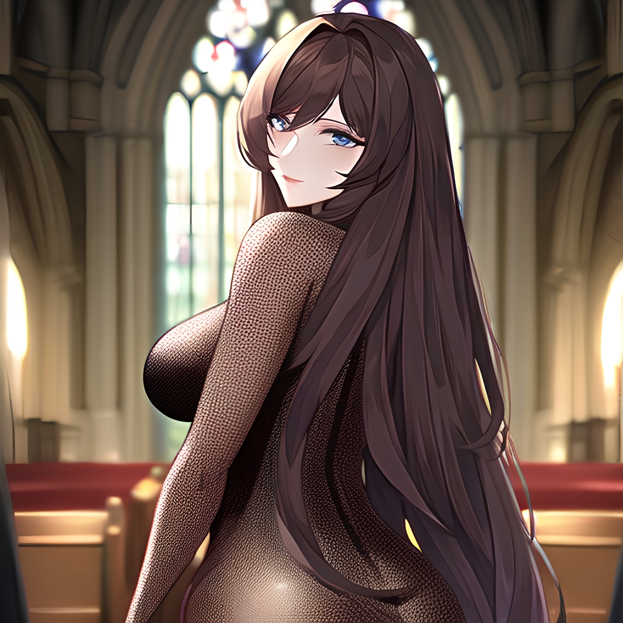 messy hair church woman brunette long hair fishnet 