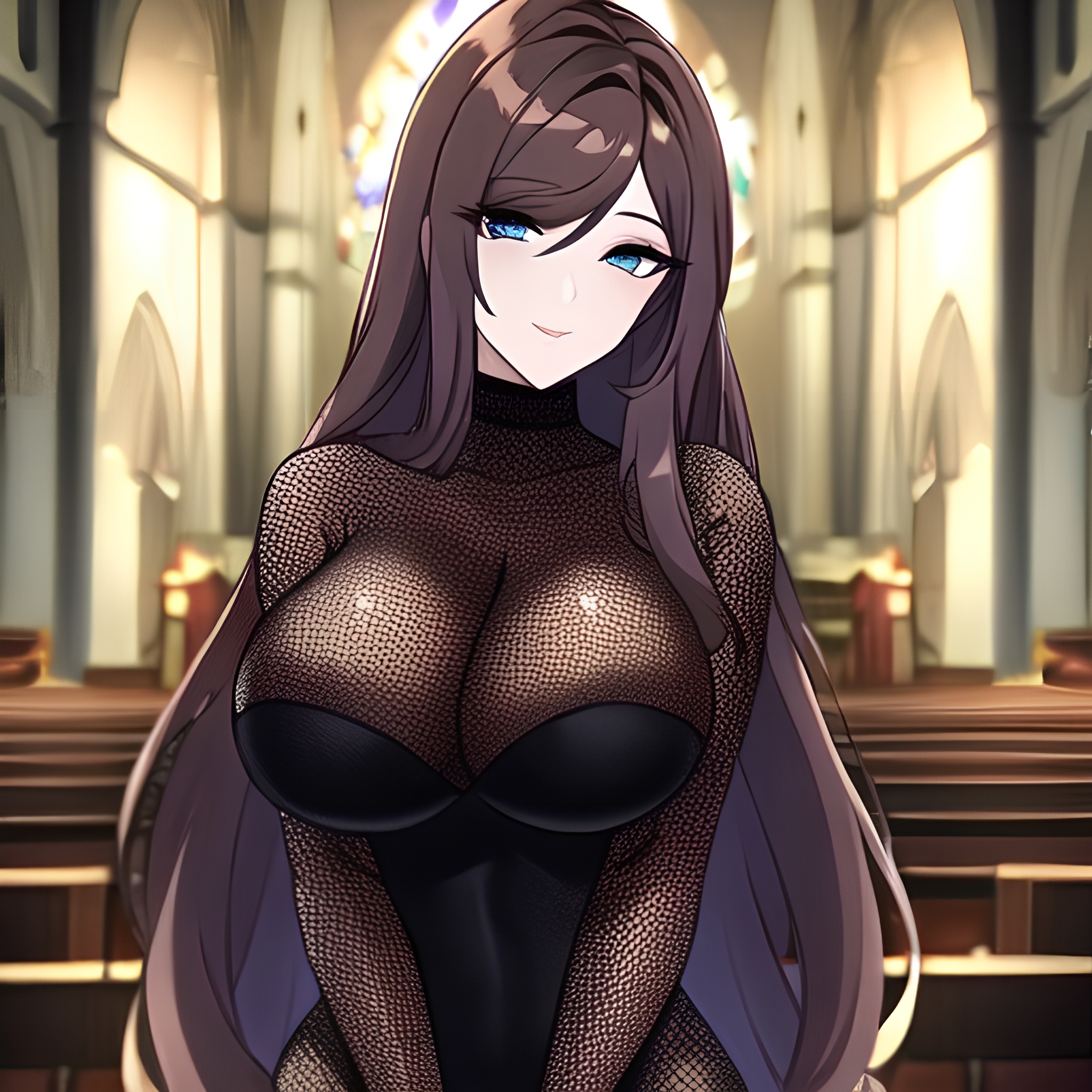 messy hair church woman fishnet brunette long hair