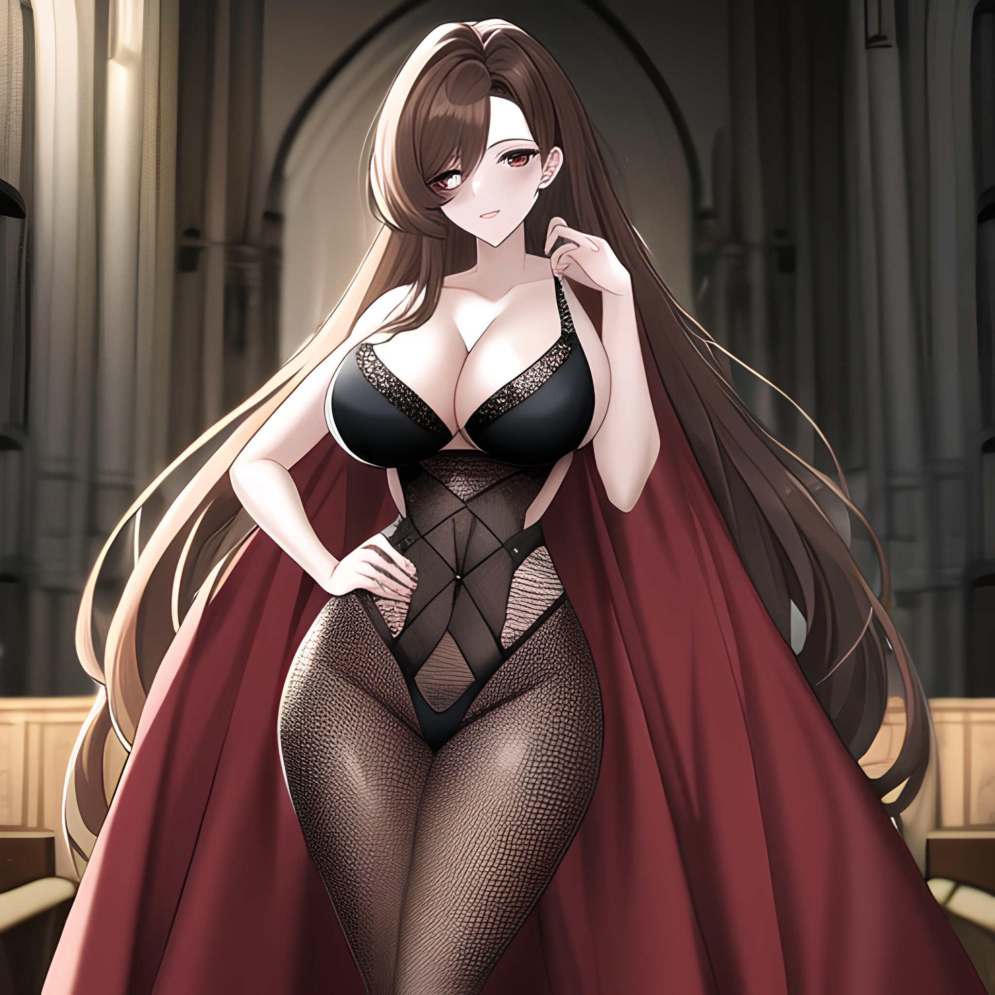 messy hair church woman fishnet brunette long hair 